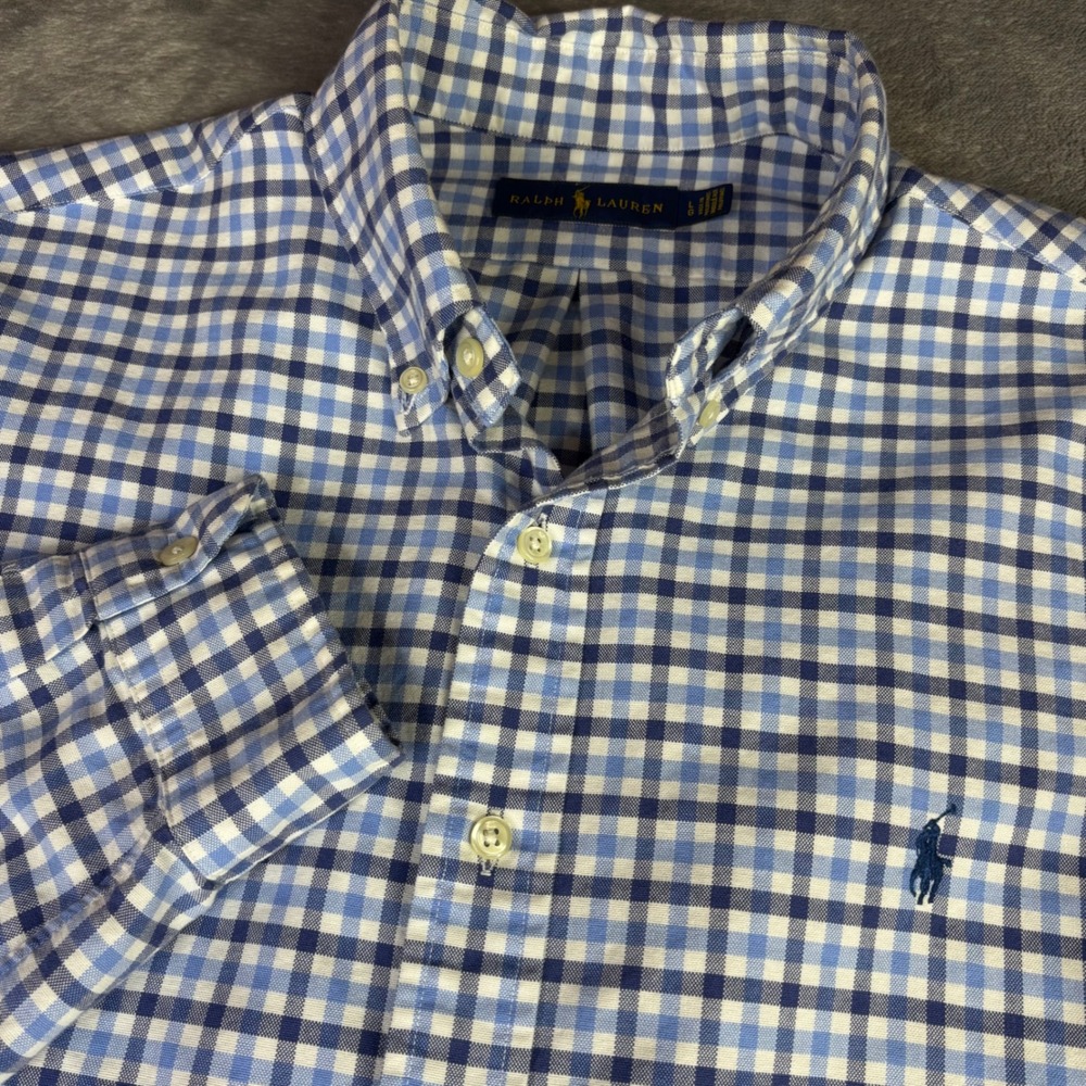 Ralph Lauren Button Down Mens Large Blue Gingham Check Long Sleeve Cotton Shirt
